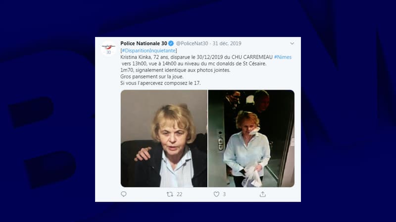 Appel à témoin lancé par la police nationale du Gard pour une septuagénaire disparue au CHU de Nîmes, le 30 décembre 2019.
