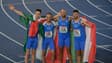 Filippo Tortu (1er à gauche) et Marcell Jacobs (2e en partant de la droite) lors de la finale du 4x100m des JO 2021.