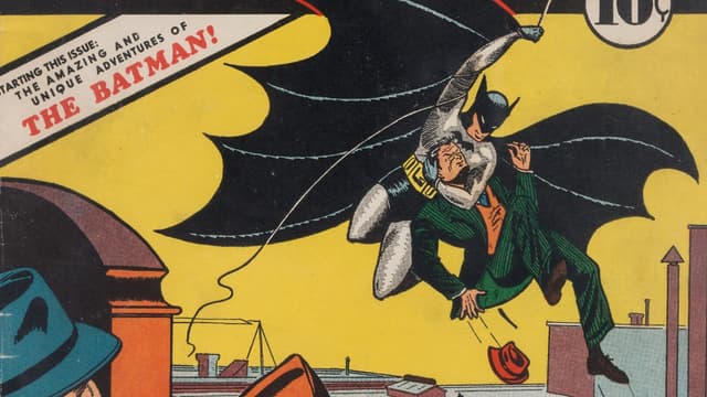 Détail de la couverture de Detective Comics n°27, qui marque la première apparition de Batman