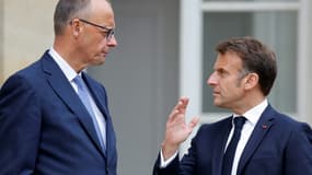 Le président français Emmanuel Macron (d) s'entretient avec le chancelier allemand Friedrich Merz dans le jardin du palais de l'Elysée à Paris, le 7 mai 2025