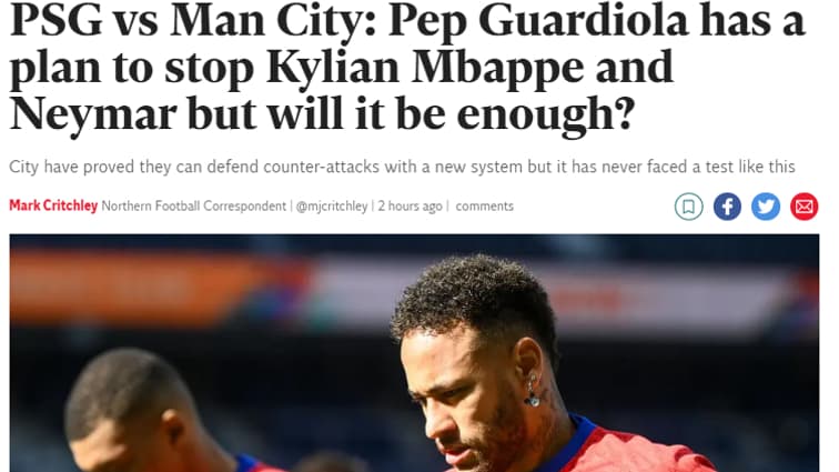 Le plan de Guardiola pour arrêter le duo Neymar-Mbappé à la Une de The Independent 