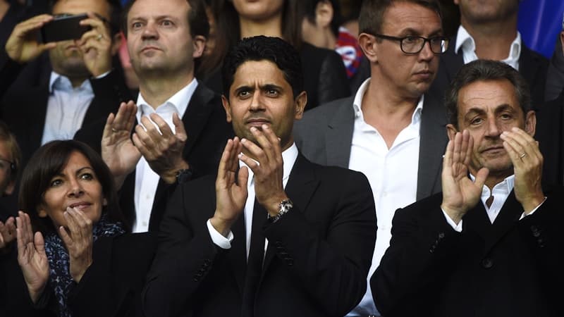 Anne Hidalgo (maire de Paris), Nasser Al-Khelaïfi (président du PSG) et Nicolas Sarkozy (ancien président de la République) au Parc des Princes
