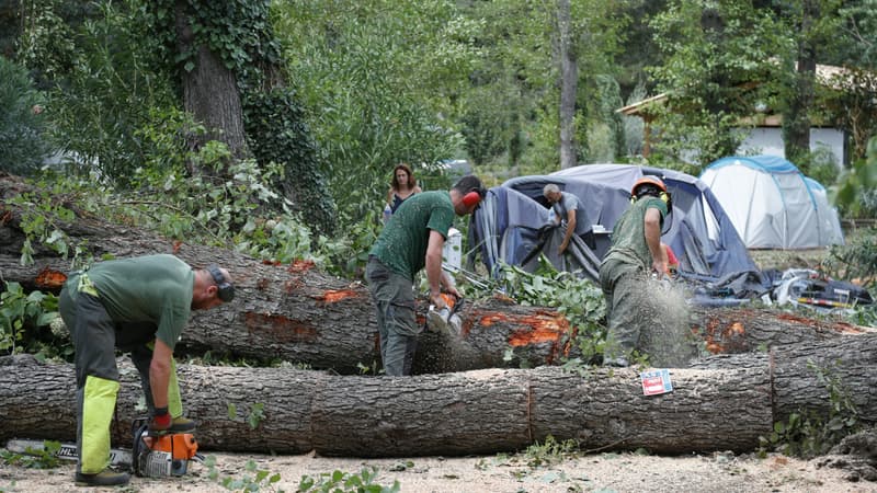 Des employés municipaux coupent des arbres tombés au camping de Sagone, où un arbre est tombé sur un bungalow, tuant une personne plus tôt à la suite de tempêtes, sur l'île française de Corse, en Méditerranée, le 18 août 2022. 