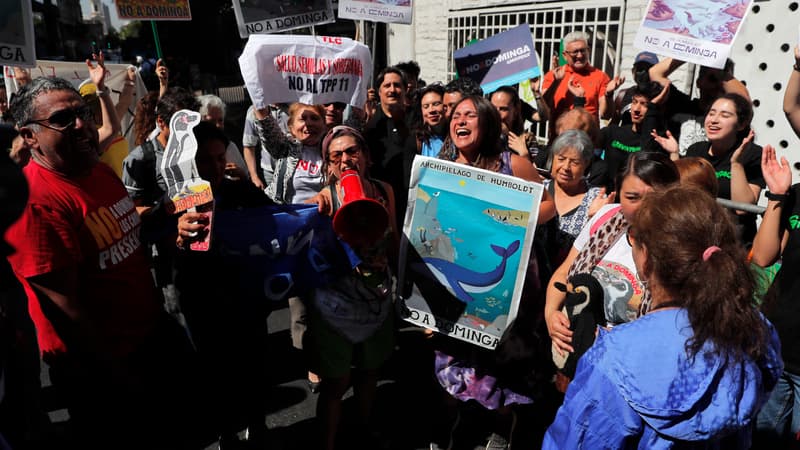 Des manifestants célèbrent l'abandon du projet d'exploitation de fer et de cuivre dans le nord du Chili. 