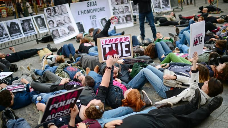Des manifestants à Paris le 17 mai 2013 à l'occasion de la journée mondiale contre l'homophobie et la transphobie.