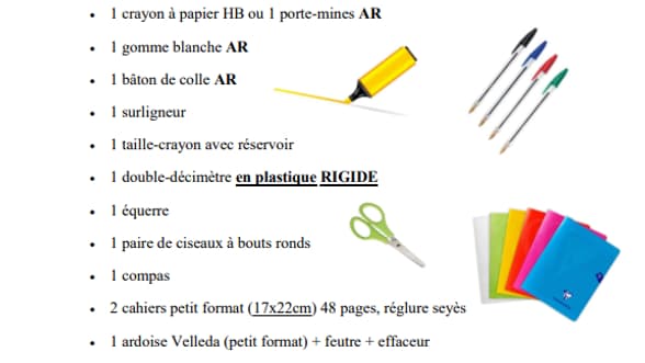 Capture d'écran d'une liste de course pour une classe de CE2 à Dijon pour la rentrée 2023-2024. 