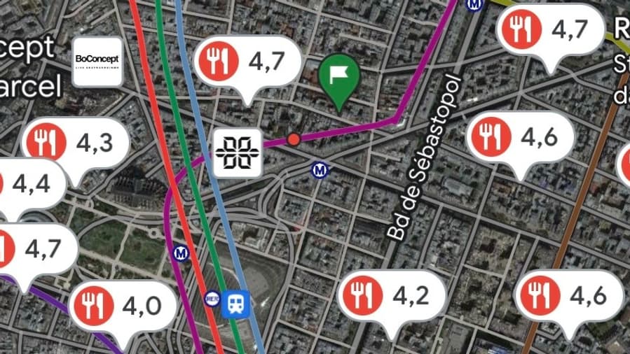 Dans une zone, Google Maps affiche les restaurants en fonction de leur nombre d'étoiles sur la plateforme (sur 5).