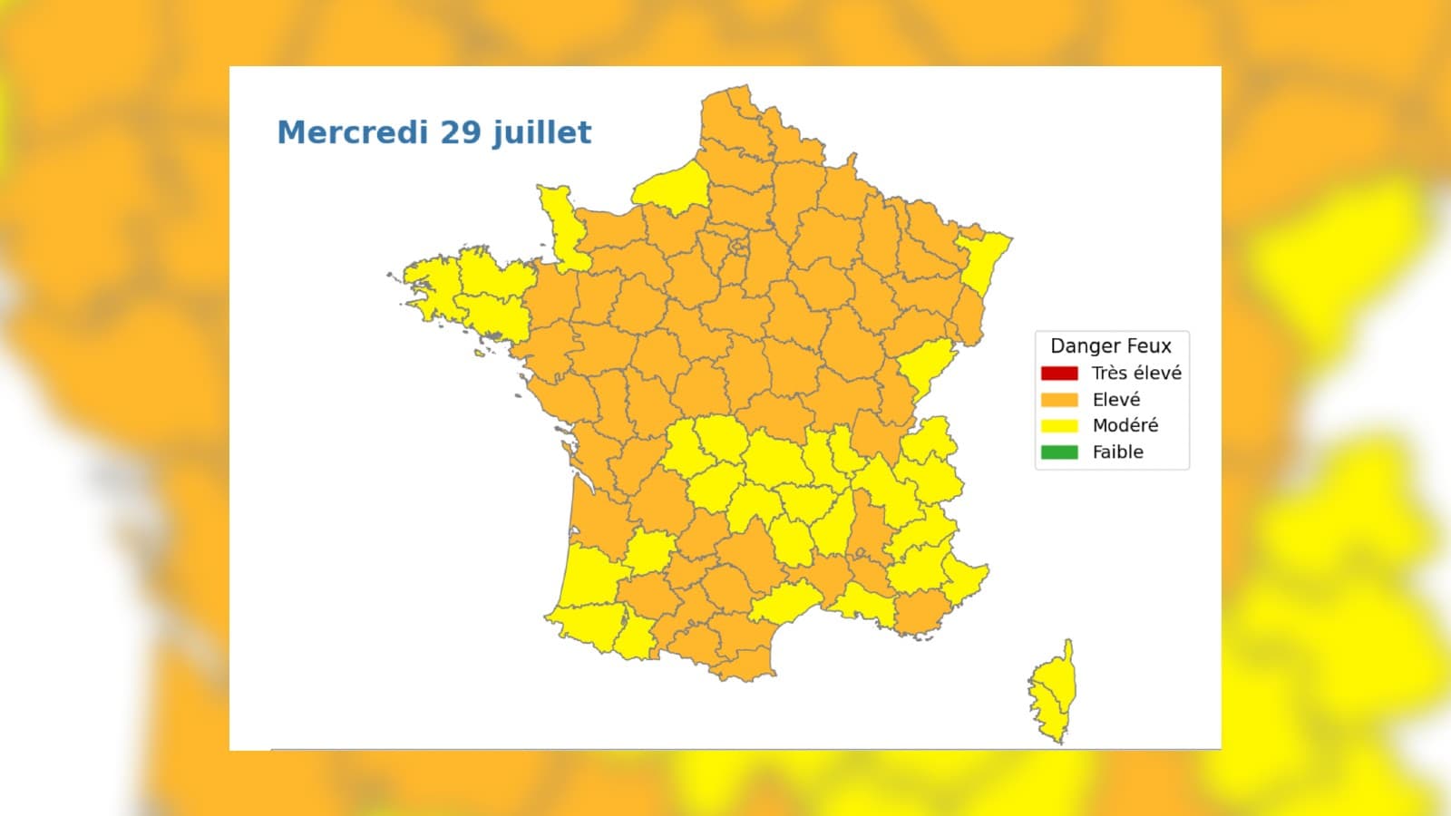 65 départements placés en vigilance orange en raison d'un risque "élevé" de feu de forêt en France, le 29 juillet 2026.