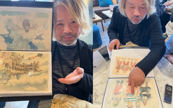 Ghibli alum Hirokatsu Kihara poses with preparatory drawings for Hayao Miyazaki