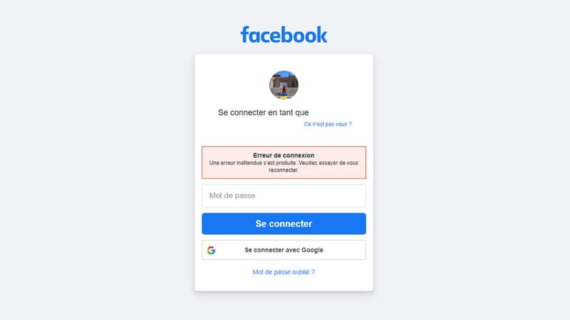 Le message d'erreur qui s'affiche sur Facebook, touché pas des problèmes de connexion