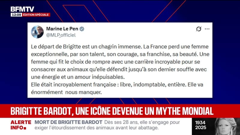 Décès de Brigitte Bardot: "Elle était incroyablement française", réagit Marine Le Pen