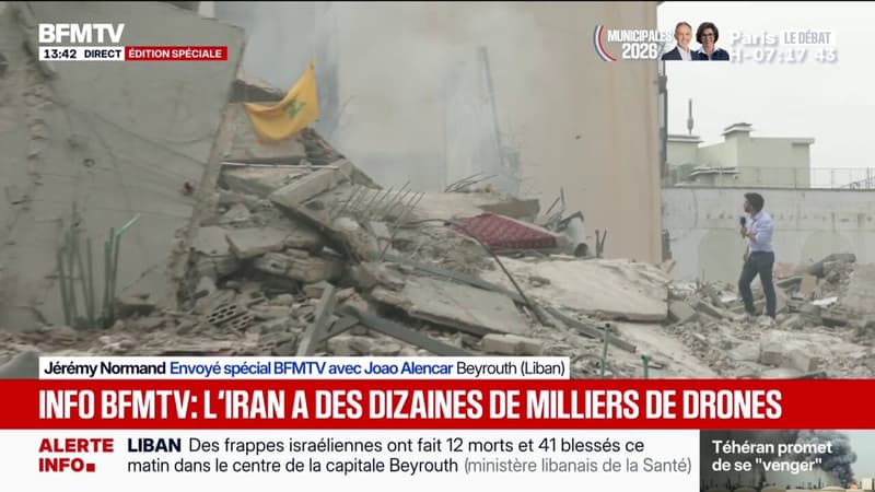 Guerre au Moyen-Orient: un drapeau du Hezbollah planté sur les ruines de l'immeuble soufflé par une frappe israélienne à Beyrouth
