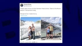 Un couple britannique se prend en photo devant le glacier du Rhône en Suisse à 15 ans d'intervalle