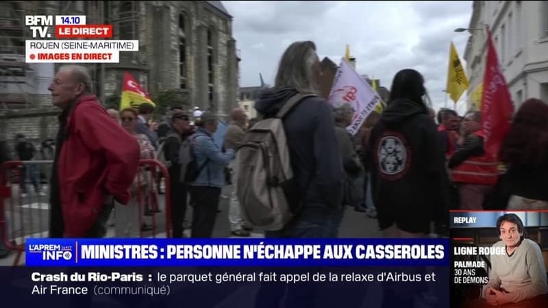 Des manifestants équipés de casseroles attendent Marc Fesneau, le ministre de l'Agriculture, à Rouen