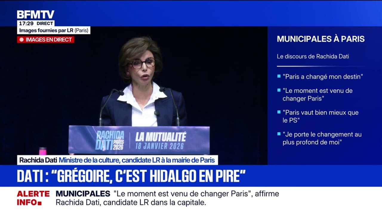 Élection municipale: « Emmanuel Grégoire, c&rsquo;est Anne Hidalgo en pire », déclare Rachida Dati, ministre de la Culture et candidate LR à la mairie de Paris