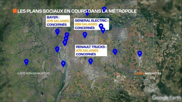 La carte des plans sociaux en cours dans la métropole lyonnaise La carte des plans sociaux en cours dans la métropole lyonnaise
