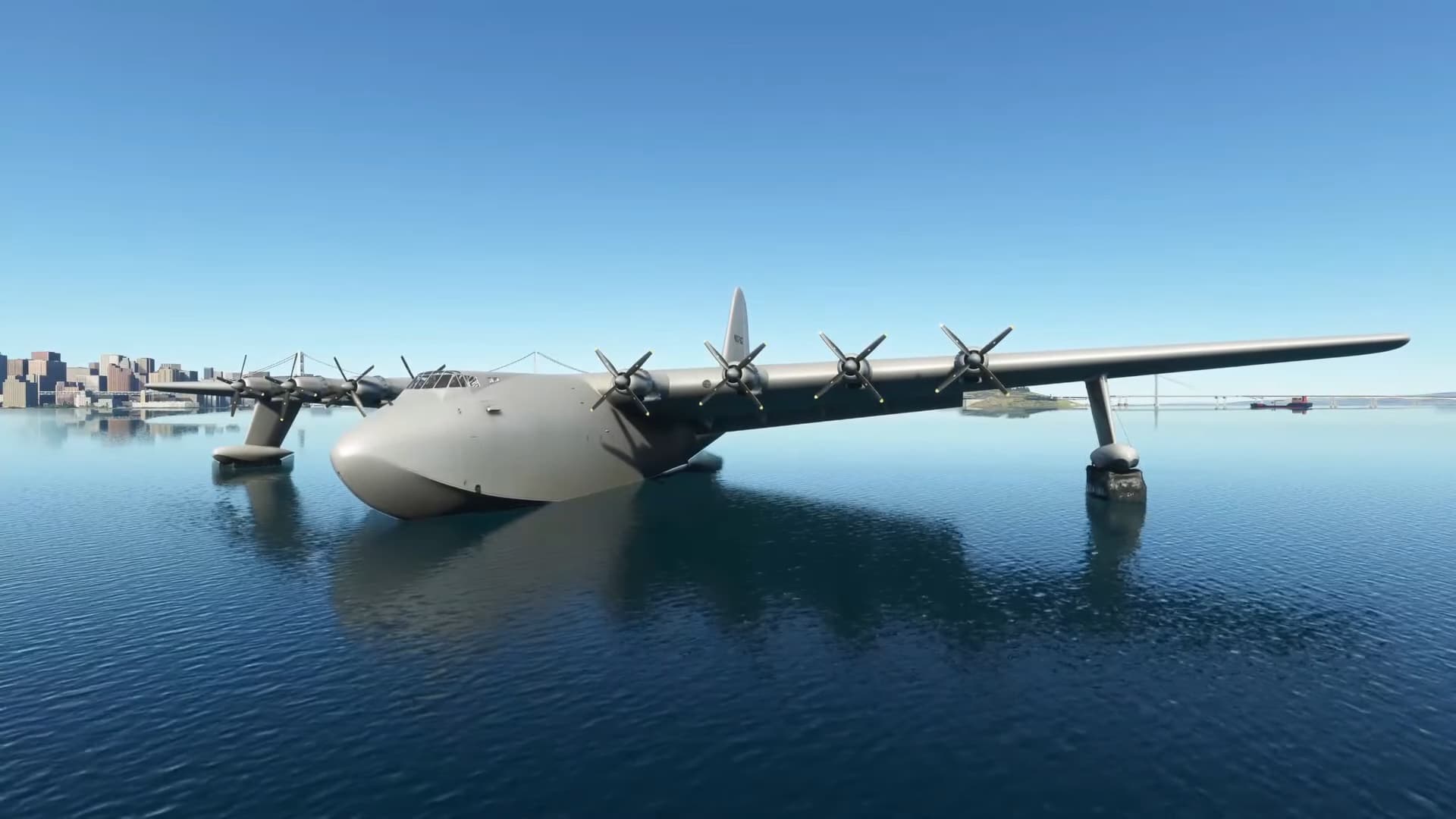 Le Spruce Goose représenté dans le jeu Microsoft Flight Simulator.