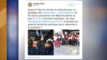 Une trentaine de personnes se sont rassemblées devant le TGI de Lille, leur taux de glyphosate dans l'urine inscrit sur le t-shirt ou en dossard
