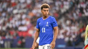 Désiré Doué avec l'équipe de France de football lors du tournoi des Jeux olympiques de Paris 2024, 11 août 2024