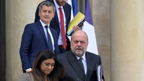 Gérald Darmanin, Éric Dupond-Moretti et Prisca Thévenot à l'Élysée le 17 avril 2024