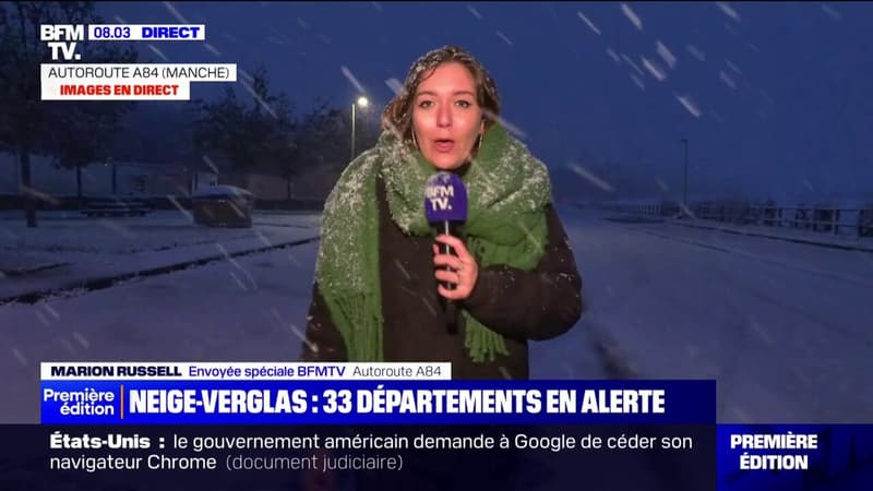 Tempête Caetano: la neige commence à recouvrir l'A84 dans la Manche