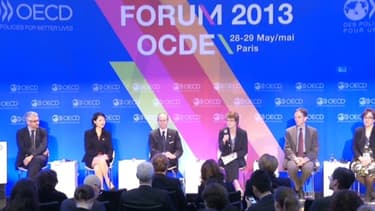 Pascal Saint-Amans, Fleur Pellerin, Luc Frieden, Vanessa Houlder, William Morris et Loretta Minghella le 29 mai à l'OCDE