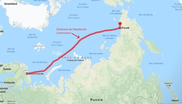 Trajet de l'Akademik Lomonosov entre Mourmansk et Pevek