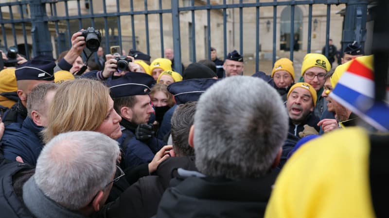 Colère agricole: les images de Yaël Braun-Pivet chahutée lors d'une rencontre avec les agriculteurs devant l'Assemblée nationale