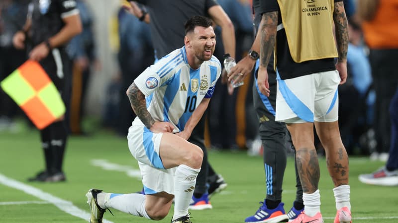 Lionel Messi, touché aux adducteurs, grimace lors du match Argentine-Chili (1-0, Copa America), le 25 juin 2024.