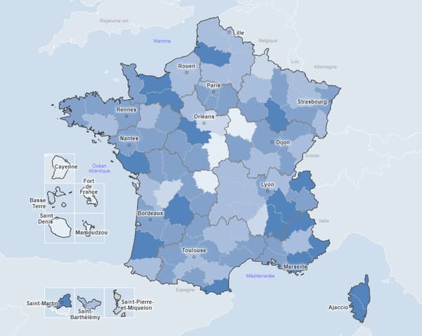 Taux de tests avec la présence de la mutation L452R, présente sur le variant Delta, au 6 juillet 2021 - Le bleu foncé représente un taux de 75% et plus, le bleu le plus claire moins de 10%. Taux de tests avec la présence de la mutation L452R, présente sur le variant Delta, au 6 juillet 2021 - Le bleu foncé représente un taux de 75% et plus, le bleu le plus claire moins de 10%.
