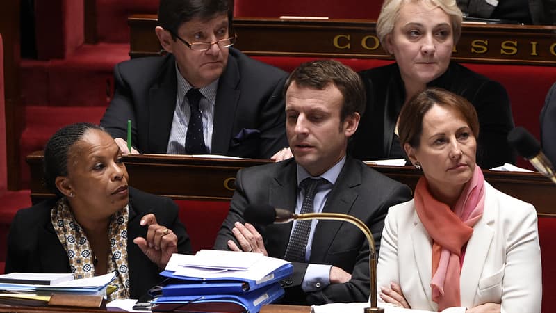 Christiane Taubira, Emmanuel Macron et Ségolène Royal sur les bancs de l'Assemblée, le 13 janvier 2016.