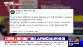 Absent à la marche contre l'antisémitisme, Jean-Luc Mélenchon souligne sur X que "la droite et l'extrême droite ont échoué à reproduire les mobilisations générales du passé"