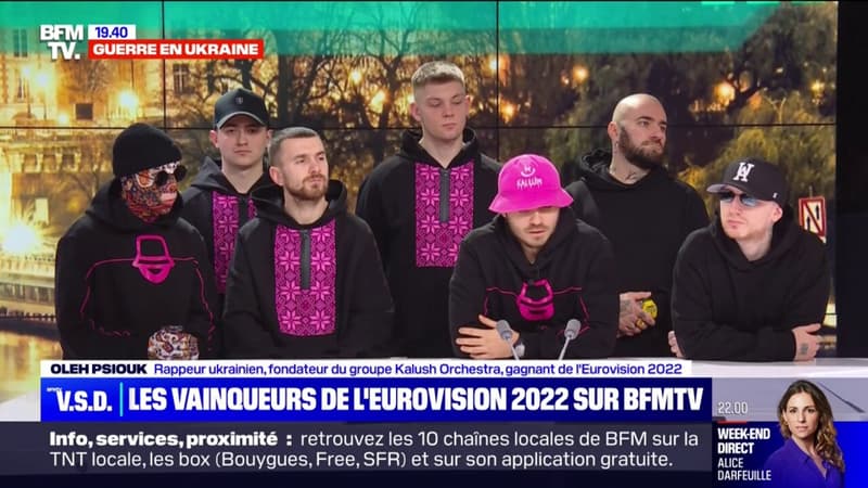Les vainqueurs ukrainiens de l'Eurovision 2022, Kalush Orchestra, expliquent le sens de leur chanson Stefania, sur BFMTV