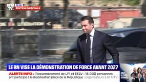 Meeting RN: Jordan Bardella arrive place Vauban à Paris en soutien à Marine Le Pen 