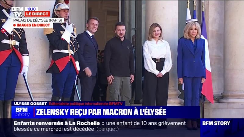 L'arrivée du président ukrainien, Volodymyr Zelensky, à l'Élysée, reçu par Emmanuel Macron