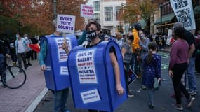 Des manifestants déguisés en boîte aux lettres défendant le vote par correspondance à Philadelphie le 7 novembre 2020.