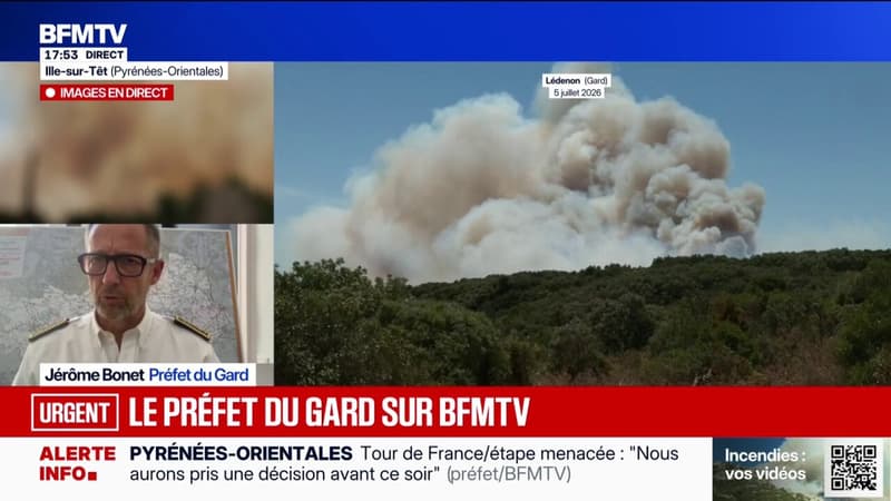 Incendie dans le Gard: "Le feu progresse toujours et a franchi l'autoroute A9 qui est fermée depuis plusieurs heures", déclare Jérôme Bonet, préfet du Gard