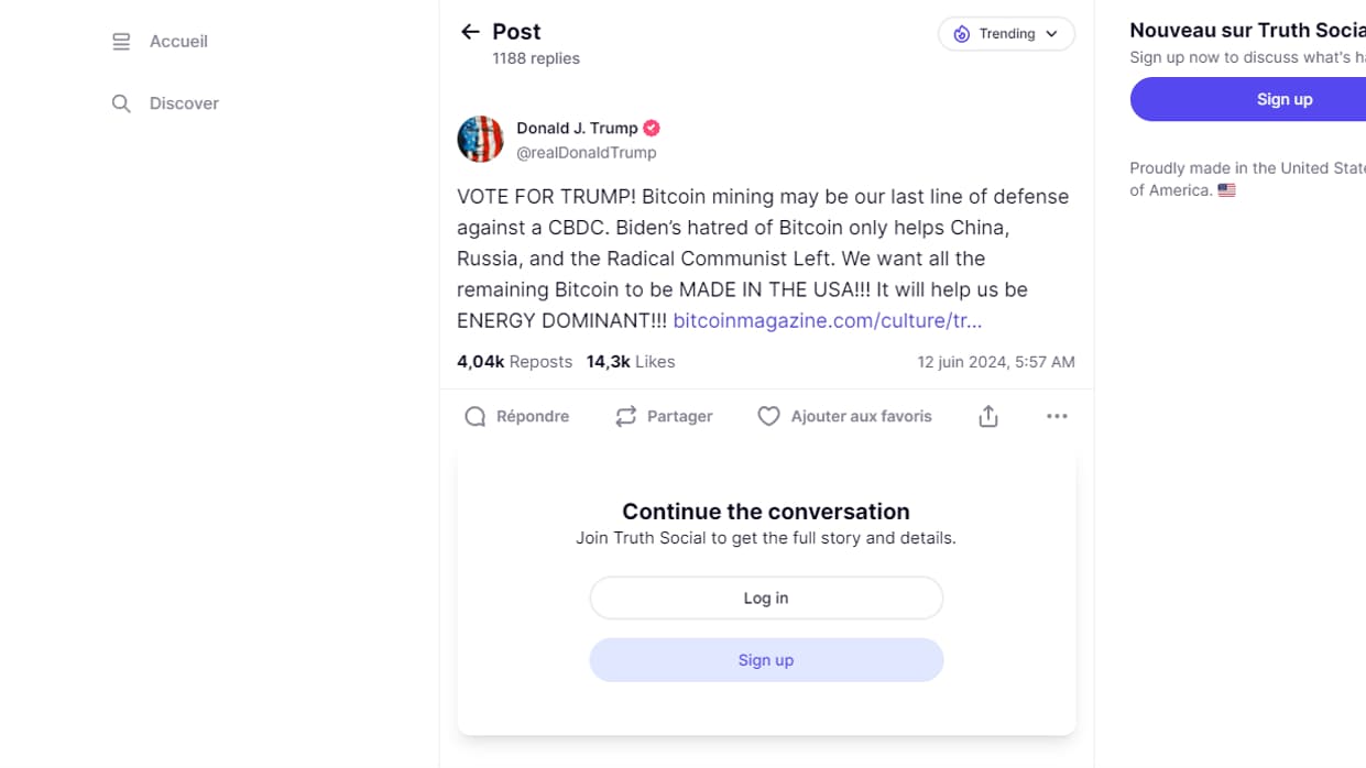 Capture d'écran du compte "Truth" de Donald J. Trump. Capture d'écran du compte "Truth" de Donald J. Trump.