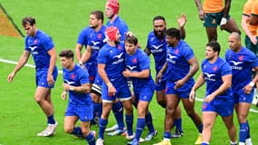 La joie des joueurs du XV de France lors de leur succès face à l'Australie (41-17) en match de préparation à la Coupe du monde, le 27 août 2023