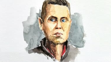 Croquis d'audience montrant Jonathann Daval au dernier jour de son procès devant la cour d'assises de Haute-Saône qui l'a condamné à 25 ans de réclusion criminelle, le 21 novembre 2020 à Vesoul