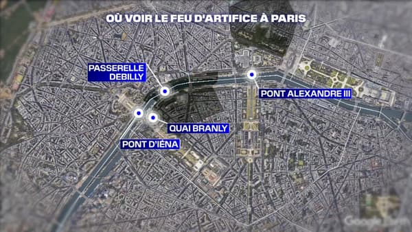 Les lieux où voir le feu d'artifice autour de la Tour Eiffel.