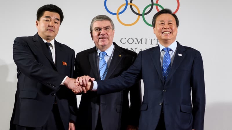 Thomas Bach avec les ministres de Corée du Nord et Corée du Sud