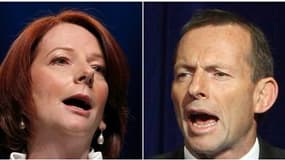 L'Australie s'achemine vers un Parlement sans majorité claire, au soir des élections de samedi qui n'ont pas départagé les travaillistes du Premier ministre Julia Gillard (à gauche) et l'opposition libérale-nationale menée par Tony Abbott (à droite). /Pho