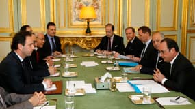 François Hollande face au chef de la coalition nationale syrienne, le 5 mars 2015, à l'Elysée. 