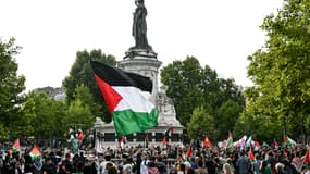 Des personnes brandissent le drapeau palestinien lors d'une manifestation pour accueillir les activistes libérés du navire Handala de la flottille de la liberté, place de la République à Paris, le 29 juillet 2025. 