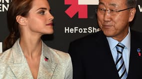 Emma Watson, ambassadrice de bonne volonté d'ONU et Ban Ki Moon, secrétaire général de l'ONU, à New York, le 20 septembre 2014.