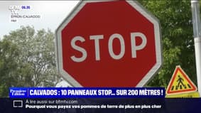 10 panneaux “stop” installés sur 200 mètres dans une rue d'Épron, dans le Cavaldos,