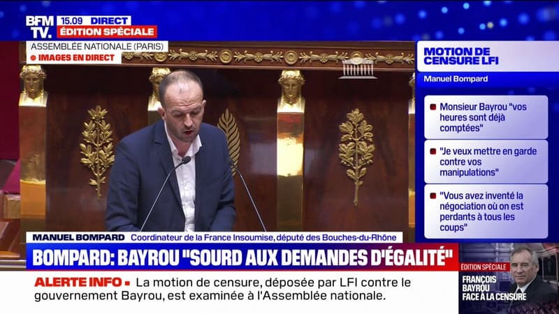 RN/motion de censure: Ils prétendent qu'il faut attendre de voir quelques jours, quelle ridicule justification, fustige Manuel Bompard (LFI)