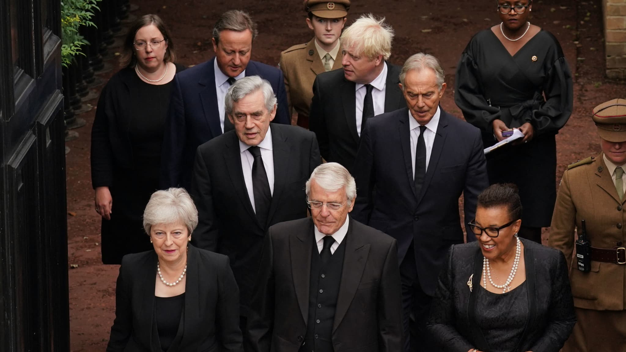 Theresa May, John Major, la baronne d'Écosse, Gordon Brown Tony Blair, David Cameron et Boris Johnson arrivent à une réunion du Conseil d'adhésion au palais de St James à Londres, le 10 septembre 2022, pour proclamer le roi Charles III comme nouveau roi. Theresa May, John Major, la baronne d'Écosse, Gordon Brown Tony Blair, David Cameron et Boris Johnson arrivent à une réunion du Conseil d'adhésion au palais de St James à Londres, le 10 septembre 2022, pour proclamer le roi Charles III comme nouveau roi.