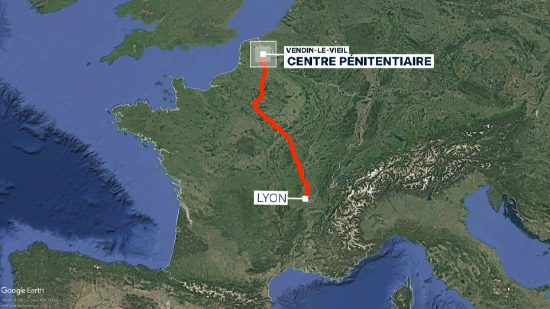 Le trajet entre la prison de Vendin-le-Vieil et la région lyonnaise où se rend le narcotrafiquant le 24 novembre 2025. Le trajet entre la prison de Vendin-le-Vieil et la région lyonnaise où se rend le narcotrafiquant le 24 novembre 2025.